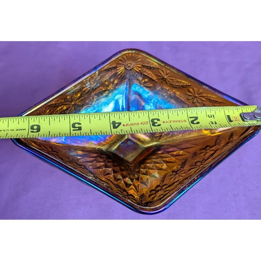 Indiana Carnival Glass Diamond Shaped Pedestal Dish Amber Iridescent Vintage